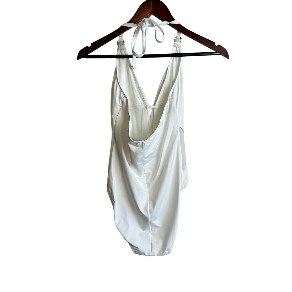 La Blanca Women's White One Piece Swimsuit Size 10 Twist Front Mesh Waist Halter - Image 6