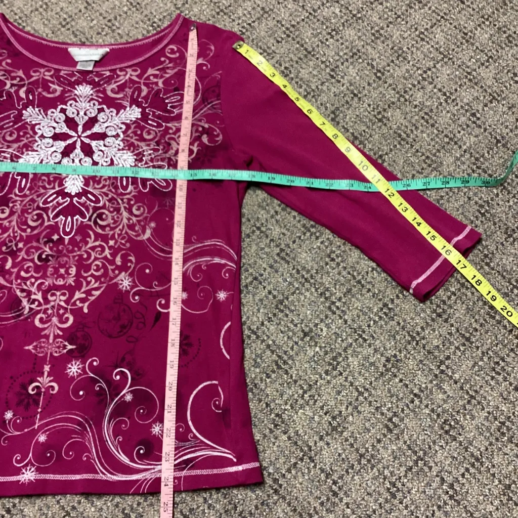 Christopher & Banks Hot Pink Fuschia Silver Snowflake Embellished 3/4 Sleeve Top - Image 4