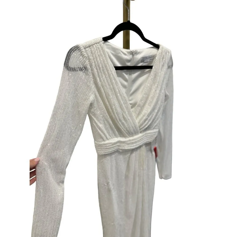 Ieena for MAC DUGGAL Long Sleeve Sequined Midi Dress White Womens Size 0 - Image 4