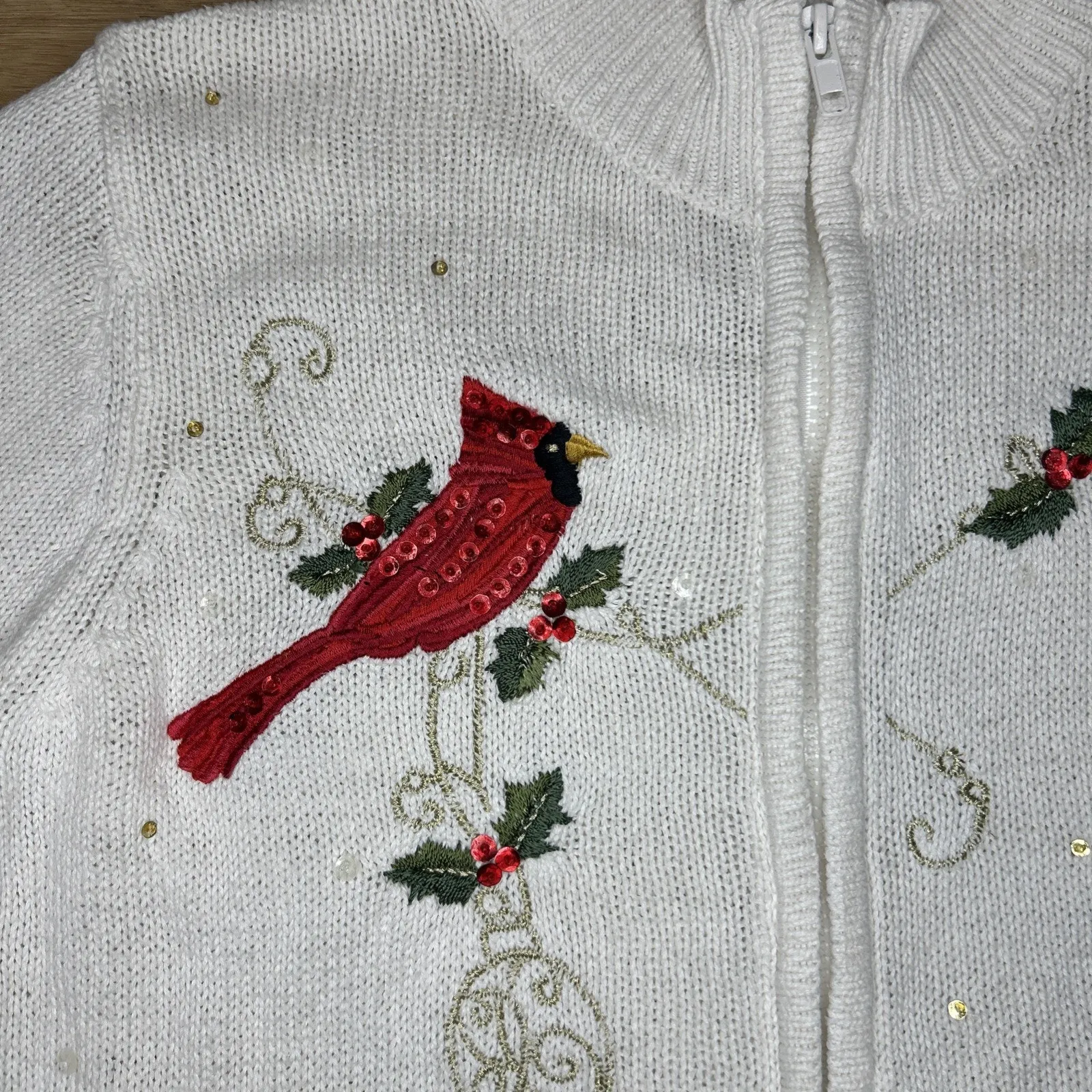 Vintage Tiara International Women M Red Cardinal Holly Cardigan Sweater 90s - Image 2