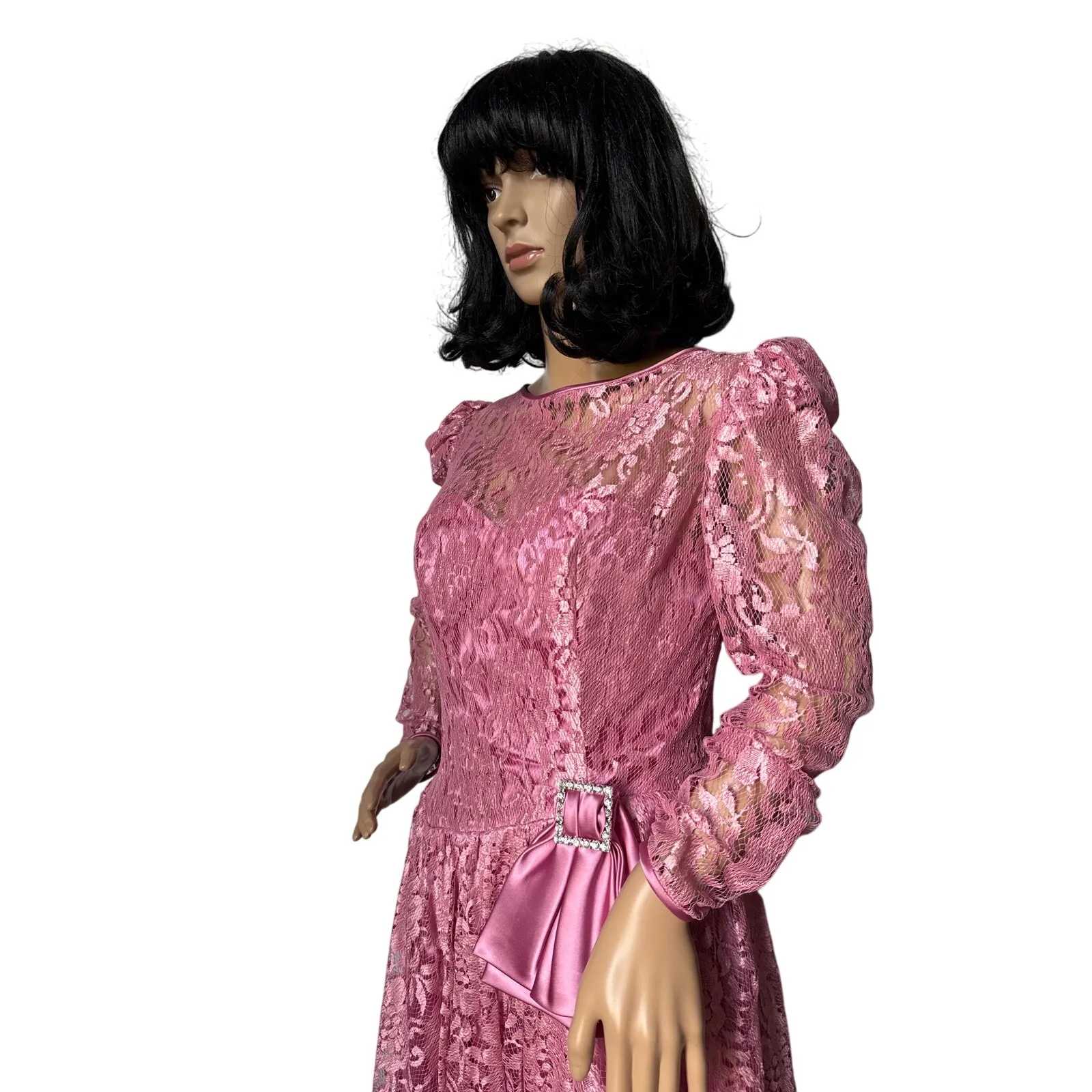 American vintage 70's pink lace prom Bridesmaid midi dress small - Image 4