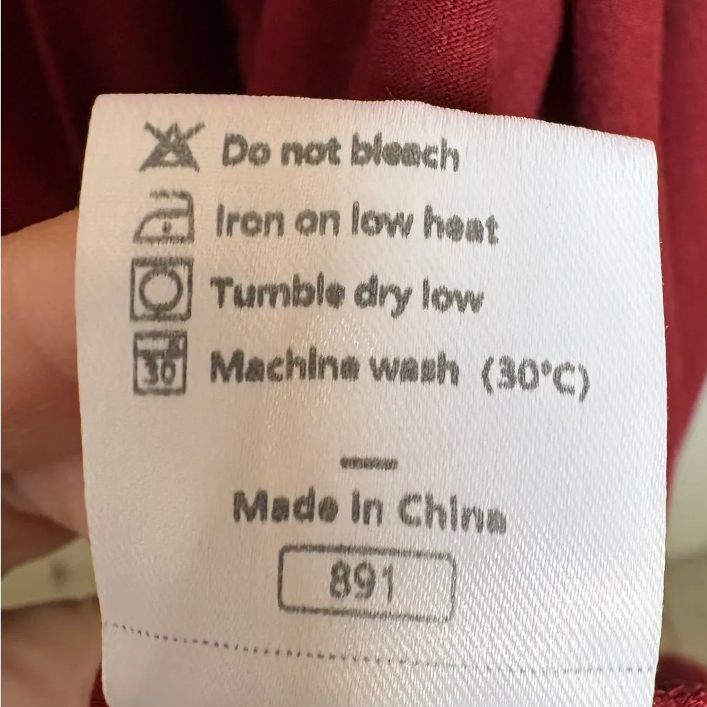 Deep Red Wrap Dress Ruffle Hem Balloon Sleeve Midi Romantic Stretchy L - Image 6