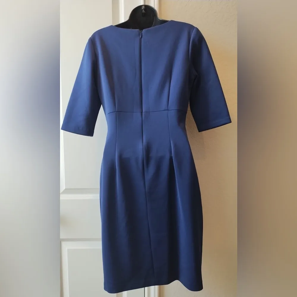 Sangria Navy Blue Gold Studded Stretch Scuba Sheath Work Dress Size 6 - Image 6