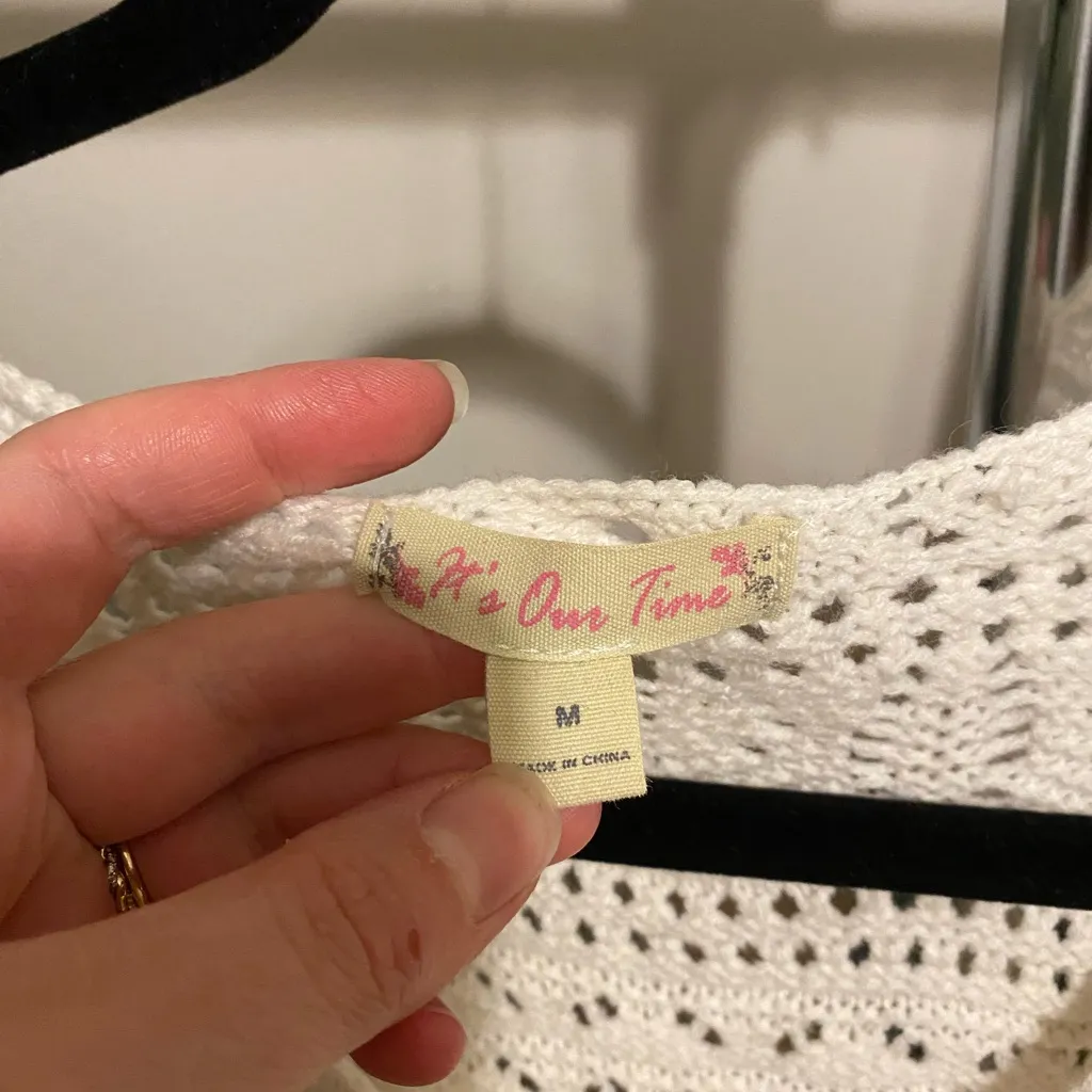 Crochet Open Knit Cream Crop Cinch Sweater Medium‎ Boho Indie Sleaze Dainty Cozy - Image 4