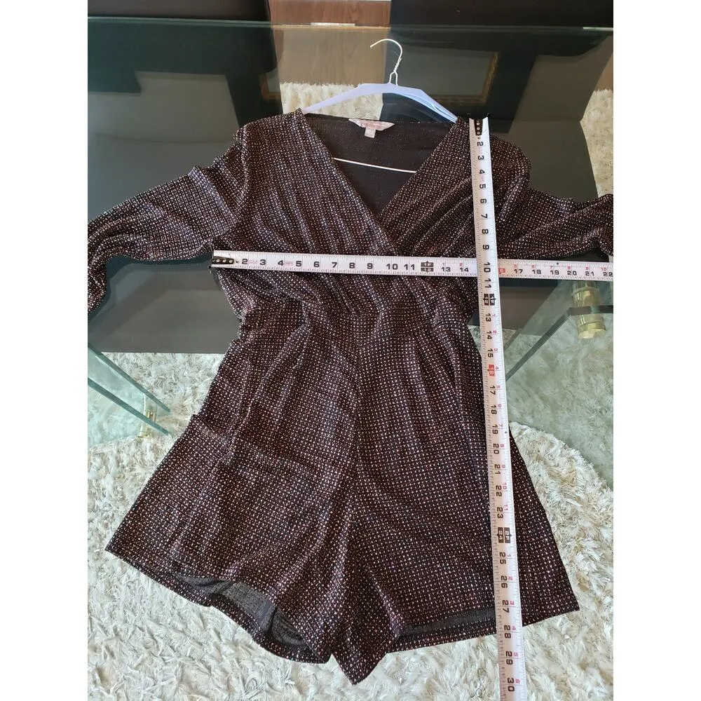 Dorothy Perkins Romper Womens Size 10 Black Glitter Long Sleeve Wrap V Neck - Image 8