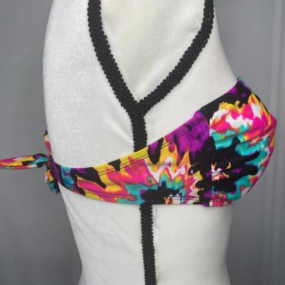 Hobie Padded Halter Beaded Watercolor Tie Back Bikini Swim Top XL Black Pink - Image 5