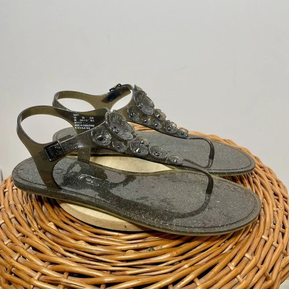 COACH Thong JELLY SANDAL Tea Rose T-STRAP Flat Shoe BLACK & GLITTER SZ 8 Summer - Image 7