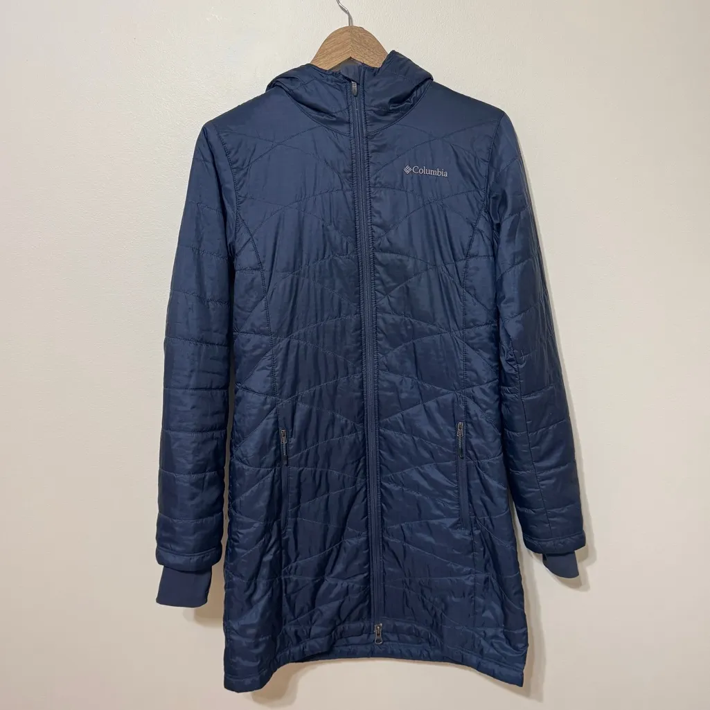 Columbia Heavenly Omni Heat Quilted Long Puffer Jacket Small Navy blue Hooded - Image 2