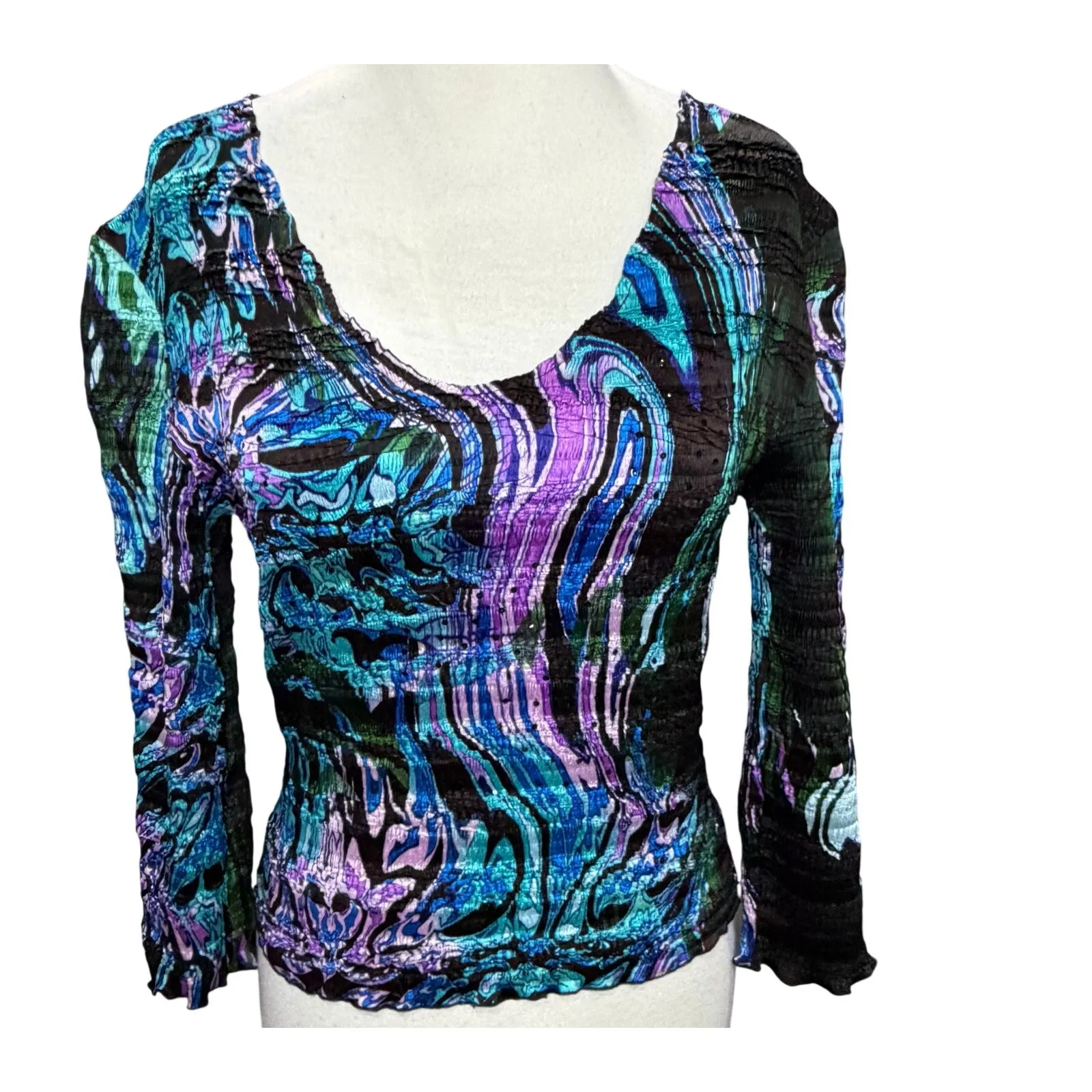 Vintage Alberto Makali Y2K Crinkle Top M Black Abstract Swirl Sequin Stretch - Image 2