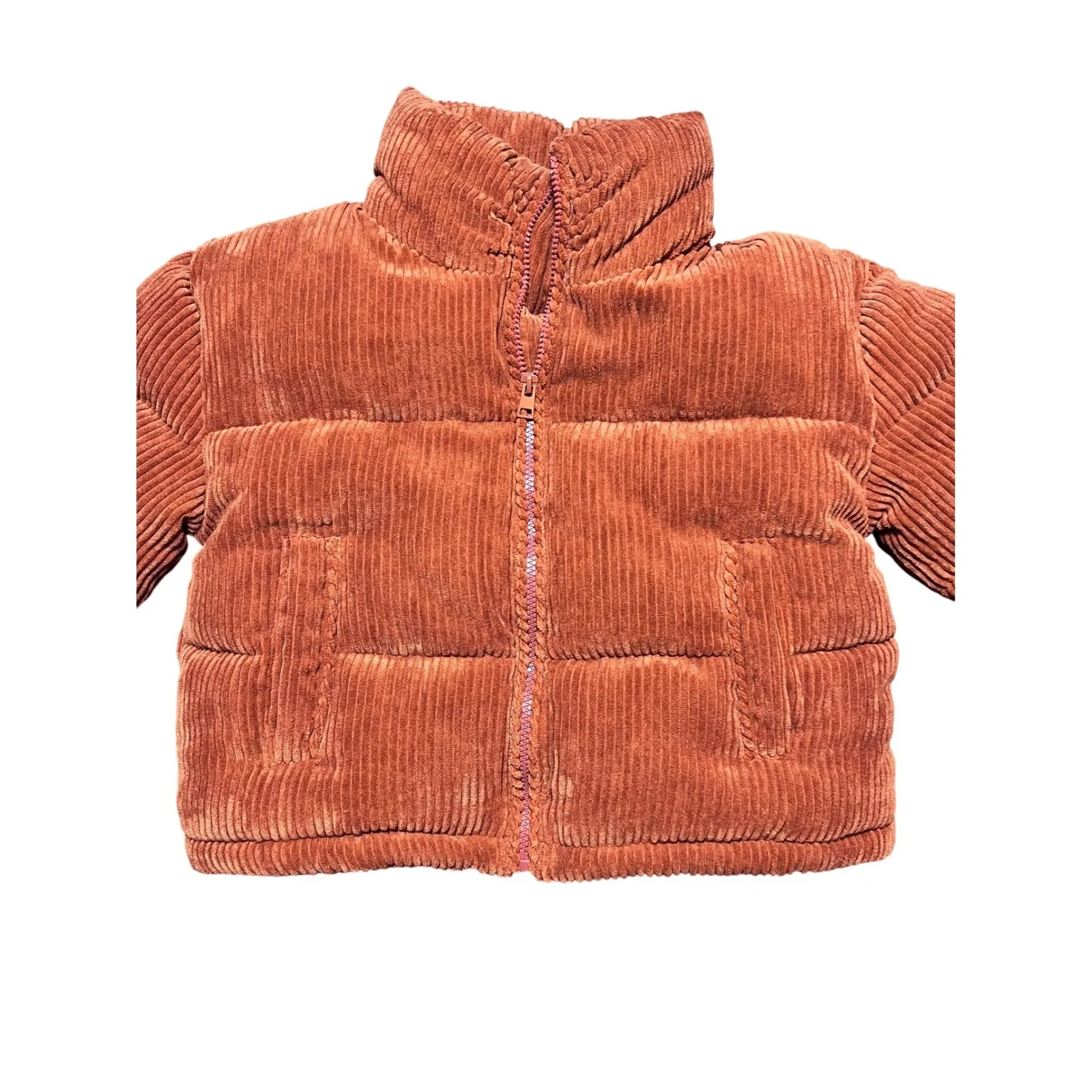 7 For All Mankind XS‎ Corduroy Puffer Jacket Crop Full Zip High Neck Rust Orange - Image 8