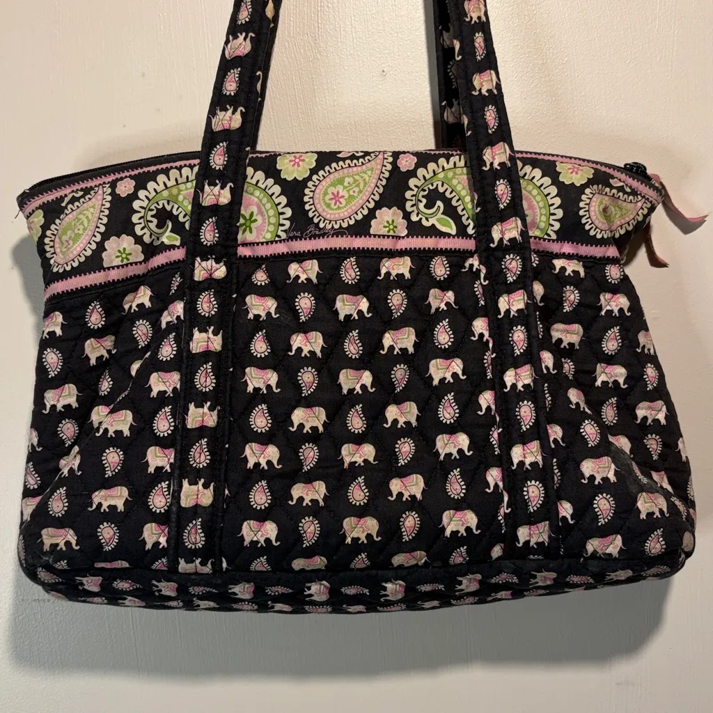 Vera Bradley- Black and Pink Elephant Print Quilted Tote Shoulder Bag Full Zip - Image 3