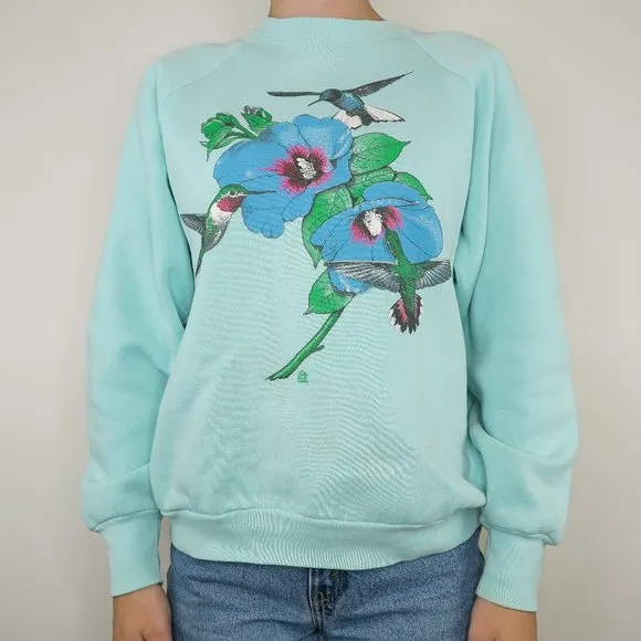 Vintage 80s Mint Green Floral Hummingbird Sweatshirt - Image 1