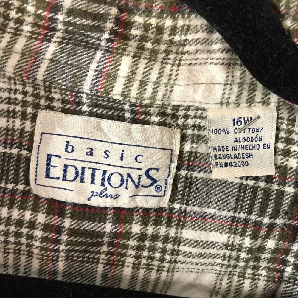 Basic Editions Plus Womens Flannel Shirt Cotton Plaid Pocket Brown White 16W - Image 3