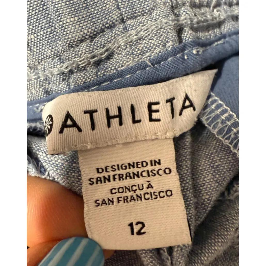 Athleta Cabo 100% Linen 4" Shorts Women Sz 12 Blue Chambray Pull On Coastal‎ - Image 5