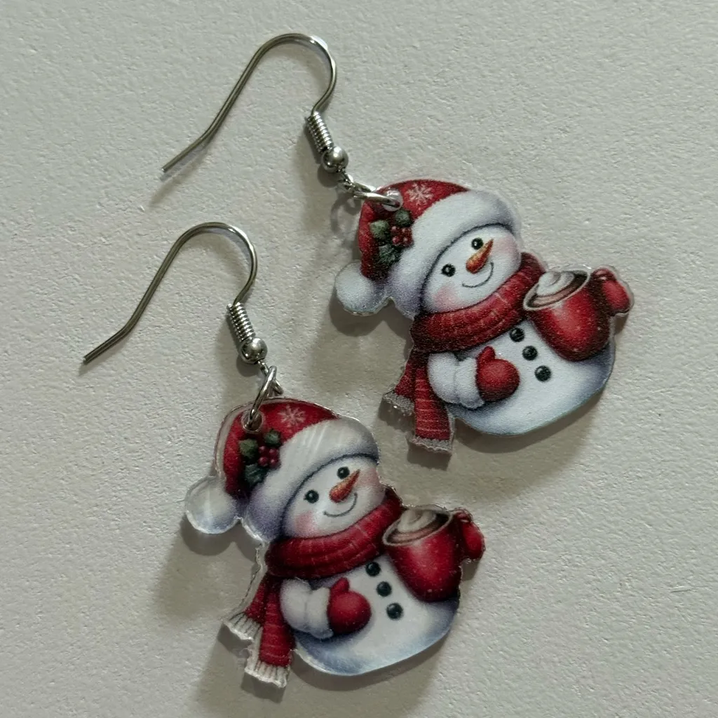 New Festive Snowman Earrings Red - Image 2