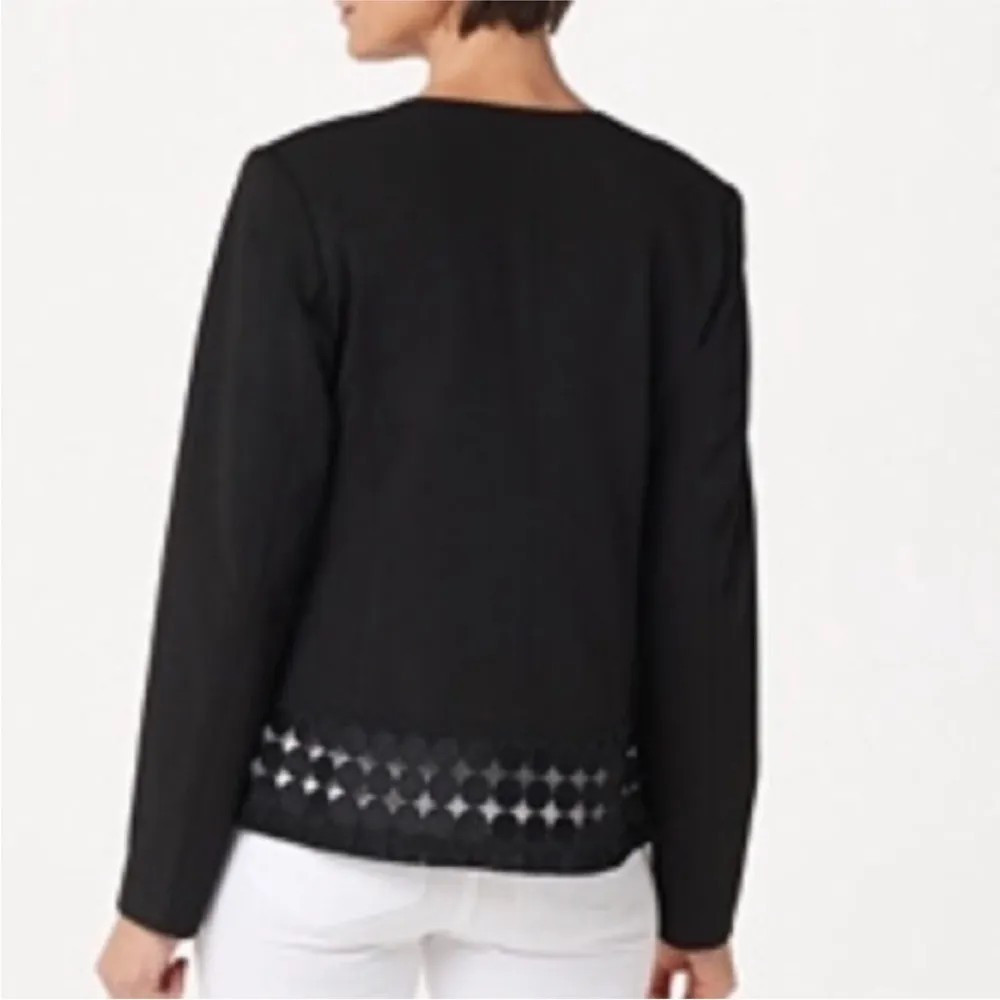 Dennis Basso Black Luxe Crepe Button Front Jacket Fringe Trim Size 4 NWT - Image 2