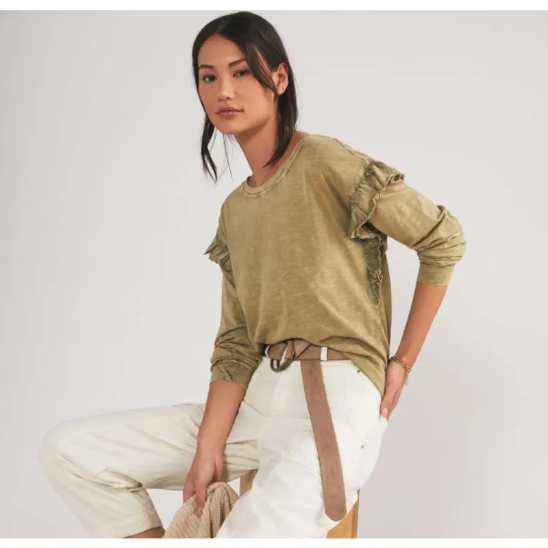 Anthropologie Pilcro Olive Green 100% Cotton Long Sleeve Ruffle Women size Small - Image 9