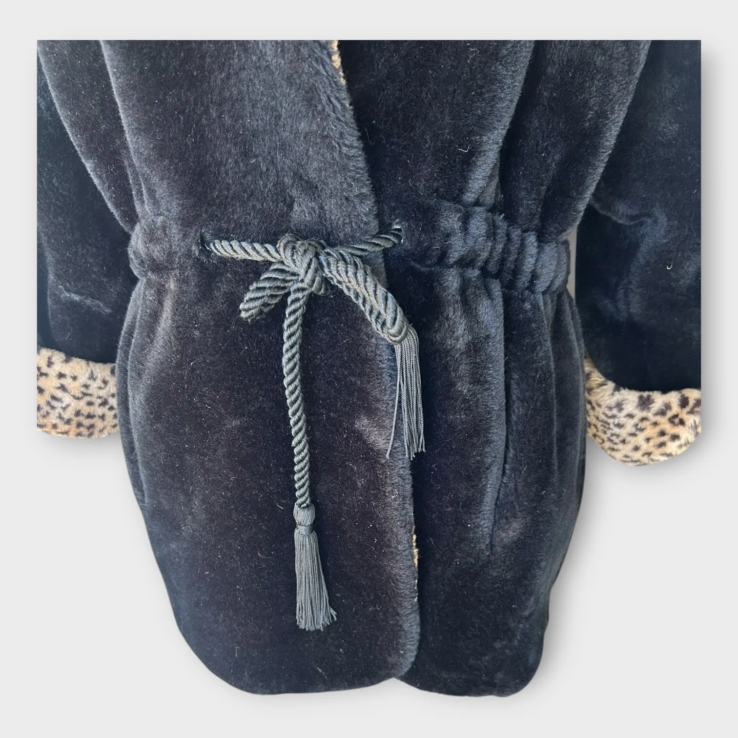 Vintage Monterey Fashions Faux Fur Coat Leopard Print Black Belted Women’s Large - Image 11