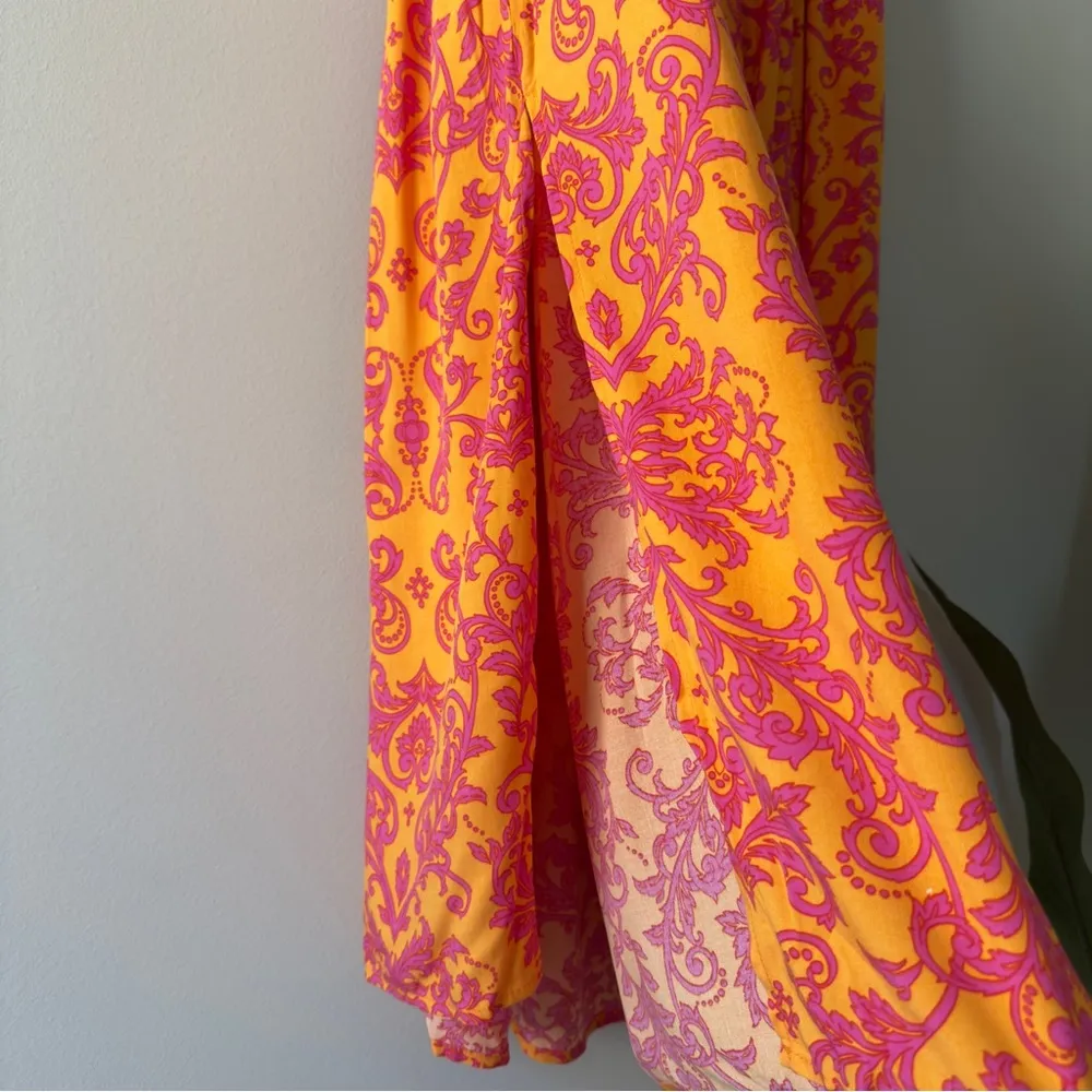 Abel the Label Orange and Pink Smocked Tiered Maxi Skirt ruched slit side - Image 7