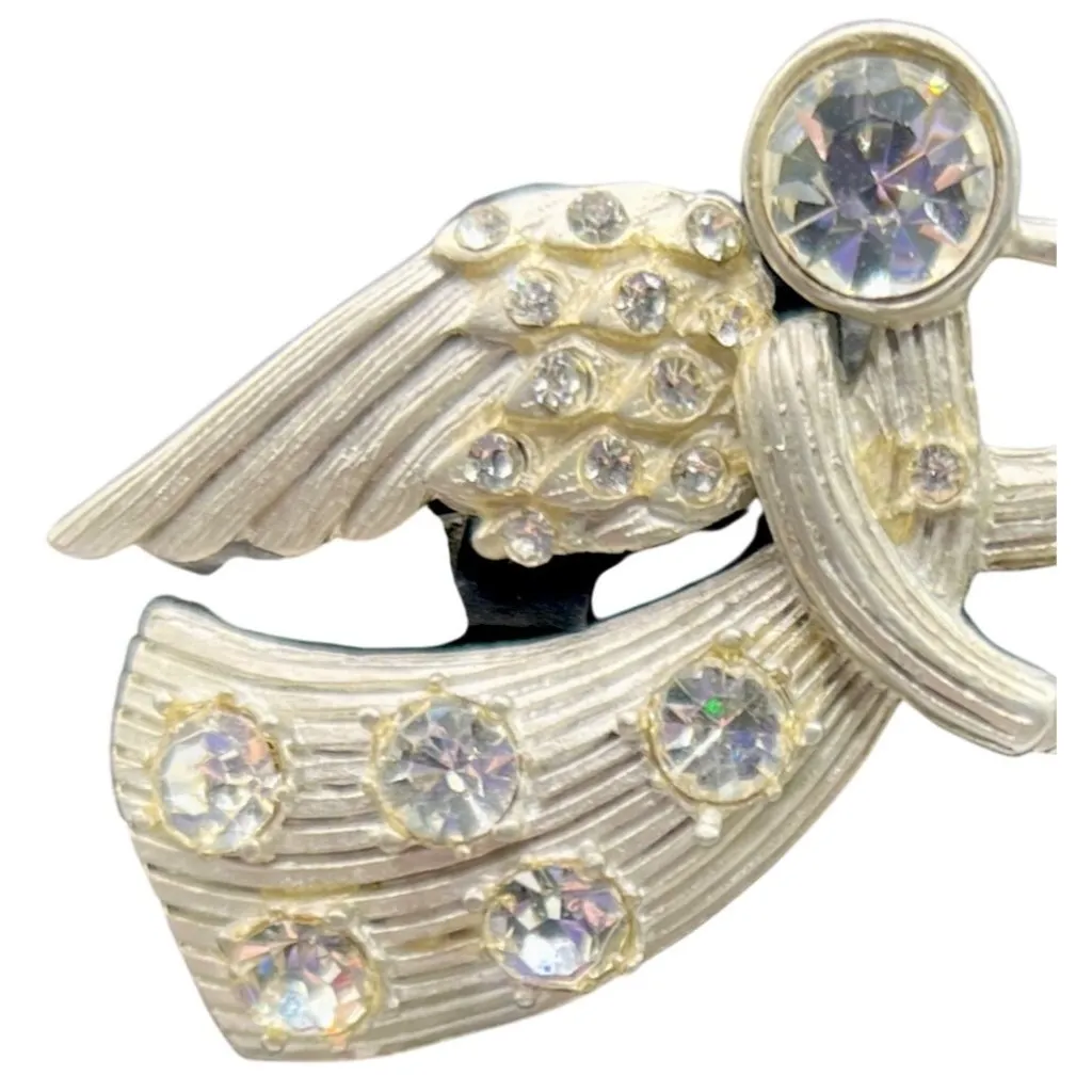 Vintage Angel Pin Brooch Trumpet Rhinestones Silver Tone By Silver Starr - Image 2