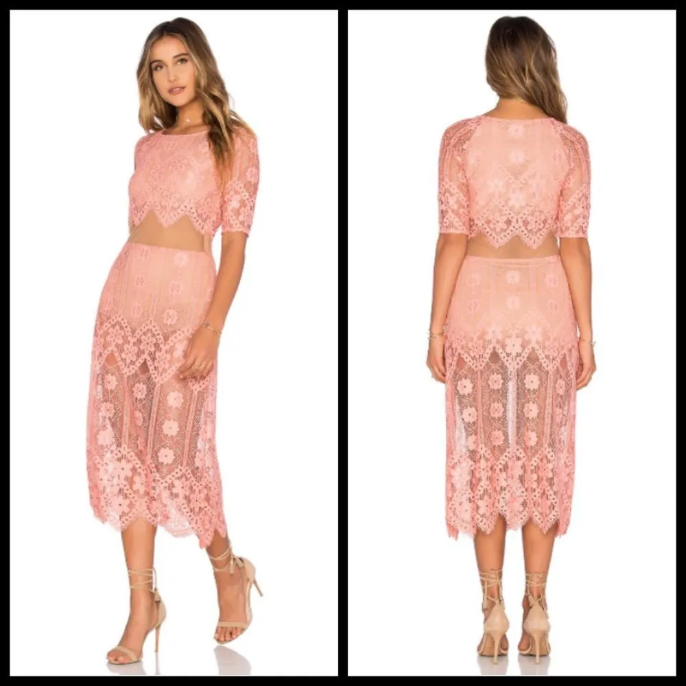 💕FOR LOVE & LEMONS x REVOLVE💕 Pink Lace Illusion Midi Dress Medium M NWT - Image 3