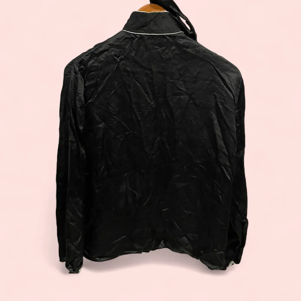 Vintage 40’s? Black silk embroidered pajamas top and pants wide leg pull on - Image 5