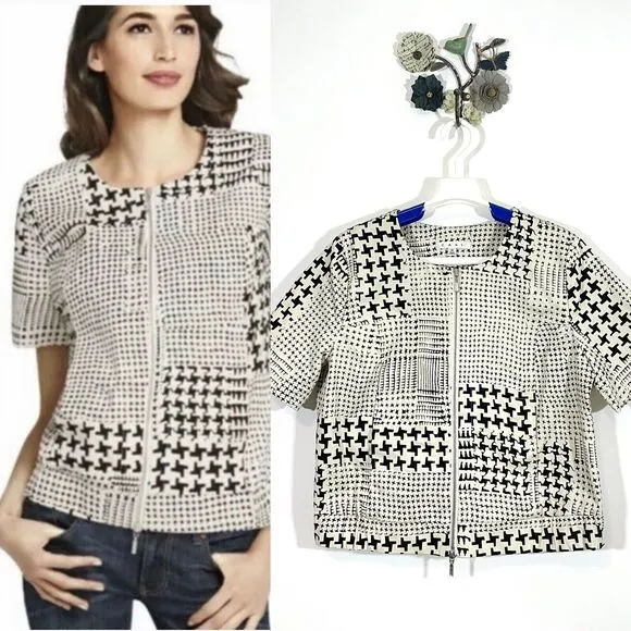 Cabi Ivory Black Houndstooth Short Sleeve Bomber Jacket 2 Way Zip Size Medium - Image 2