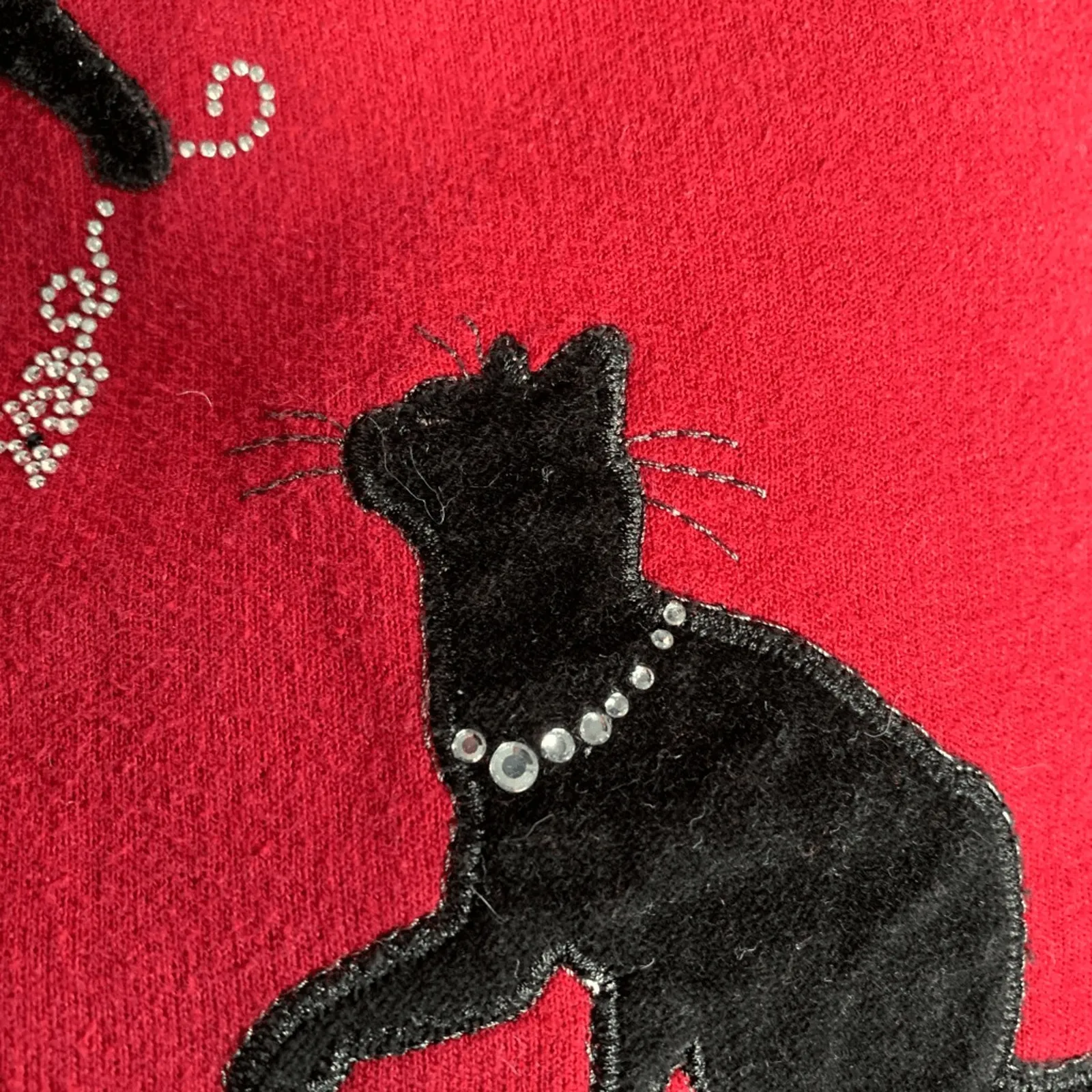 Vintage 90s Red Cat Sweatshirt Rhinestone Velvet Applique Crewneck Small Kitsch - Image 8