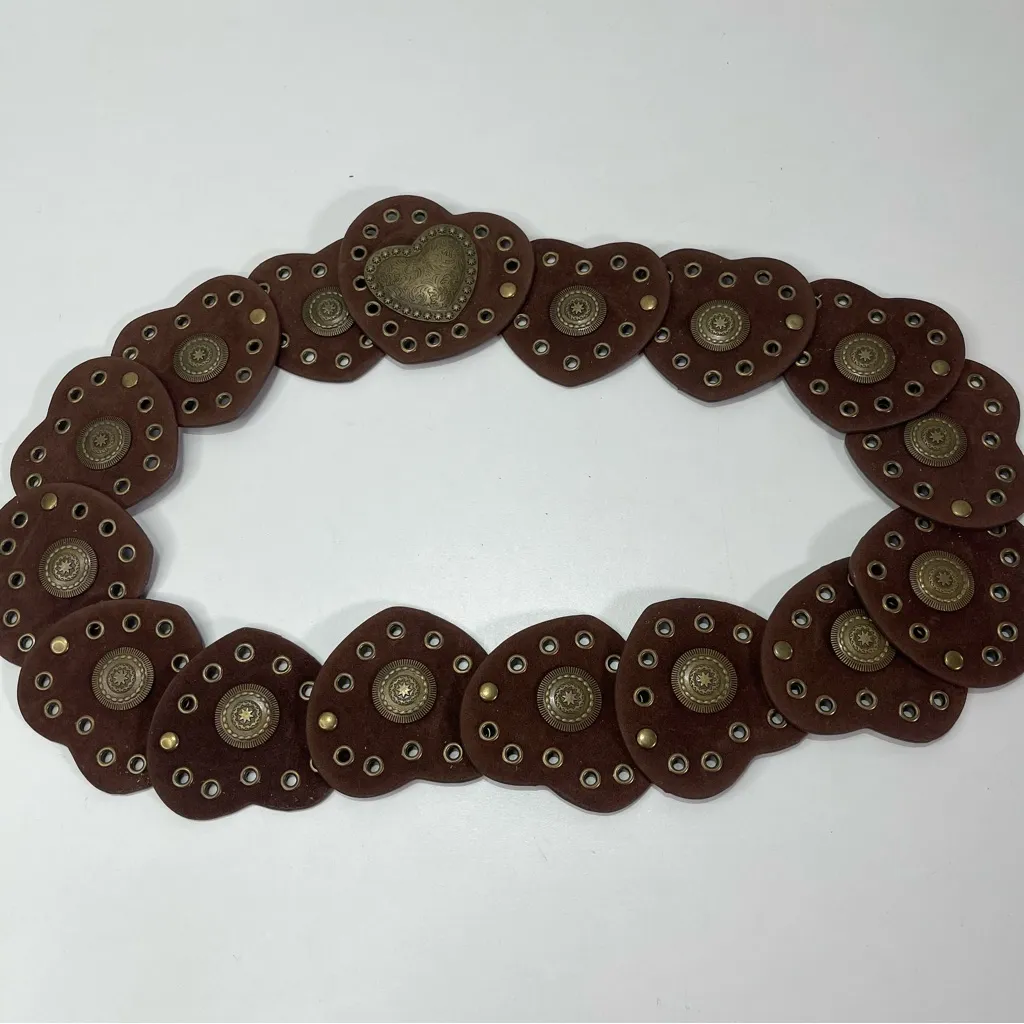 Y2K Western Women Brown Scalloped Hearts Concho Waist Belt Boho Romantic - Image 2