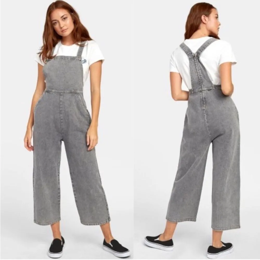 NEW RVCA Crystal Denim Overalls Gray Stripes Wide Leg Crop 100% Cotton Size M - Image 2
