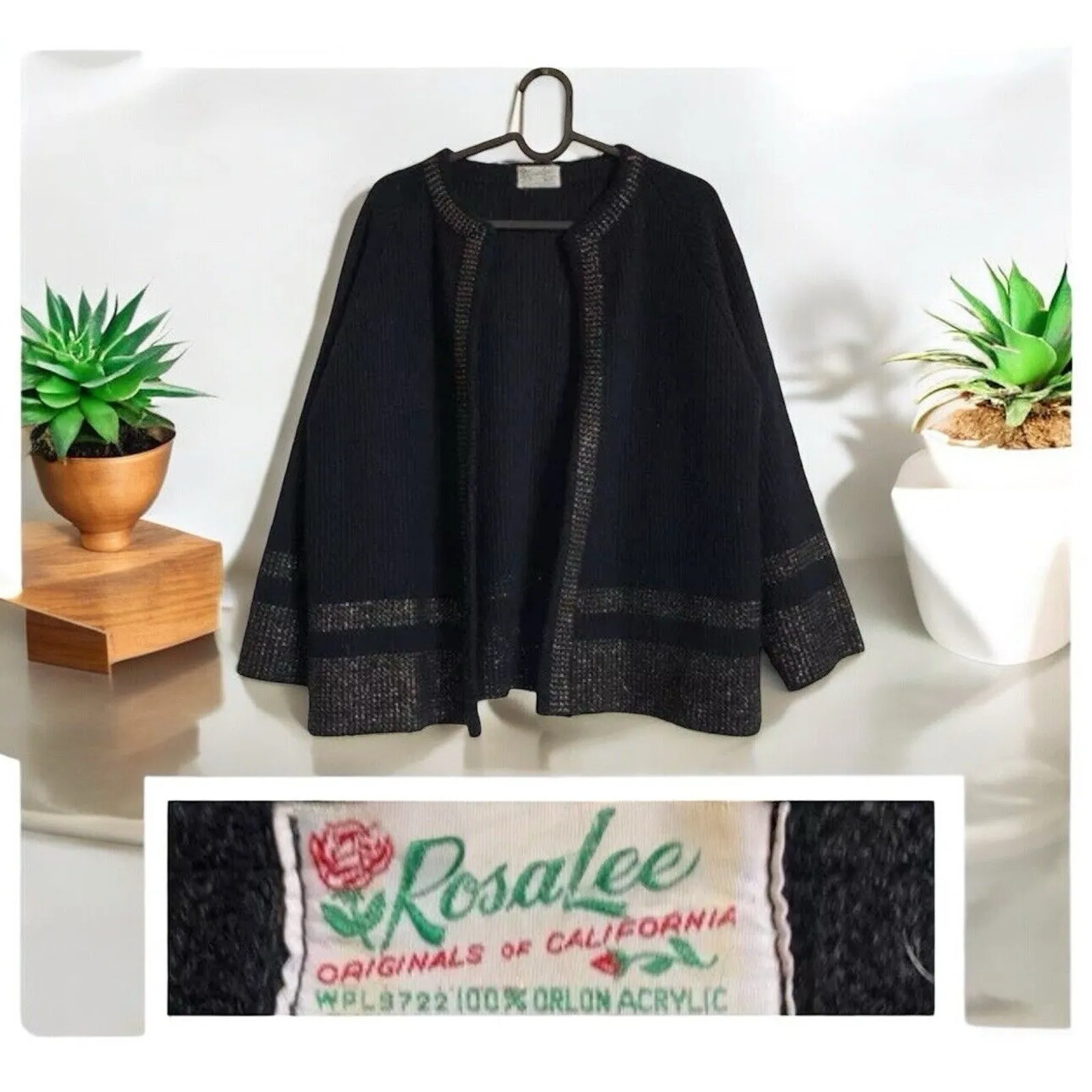 Vintage RosaLee Originals Of California open front cardigan Black W/ Gold Foil‎ Size M - Image 2