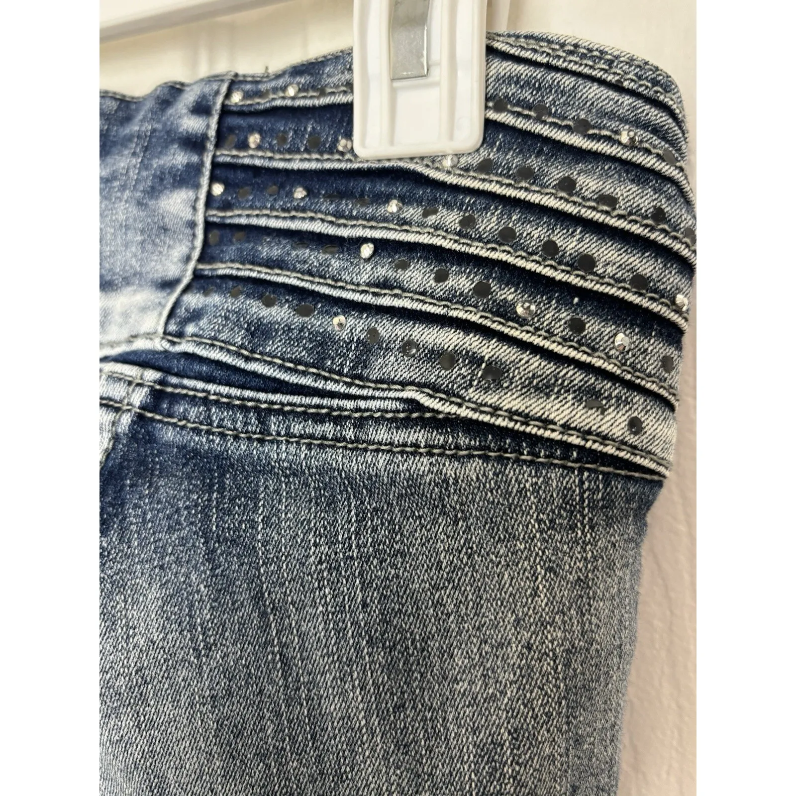 VTG Y2K Low Rise Bare Back Rhinestone Bling Denim Jeans Size 7/8 00s Grunge Blue - Image 4