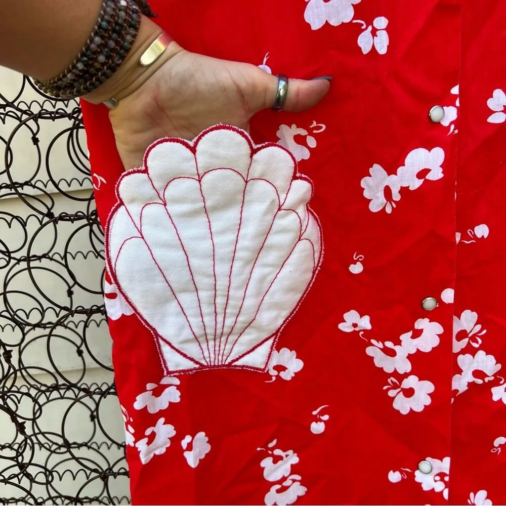 Vintage Red White Cherry Blossom Seashell Pocket Night Dressing Gown Robe SMALL - Image 2