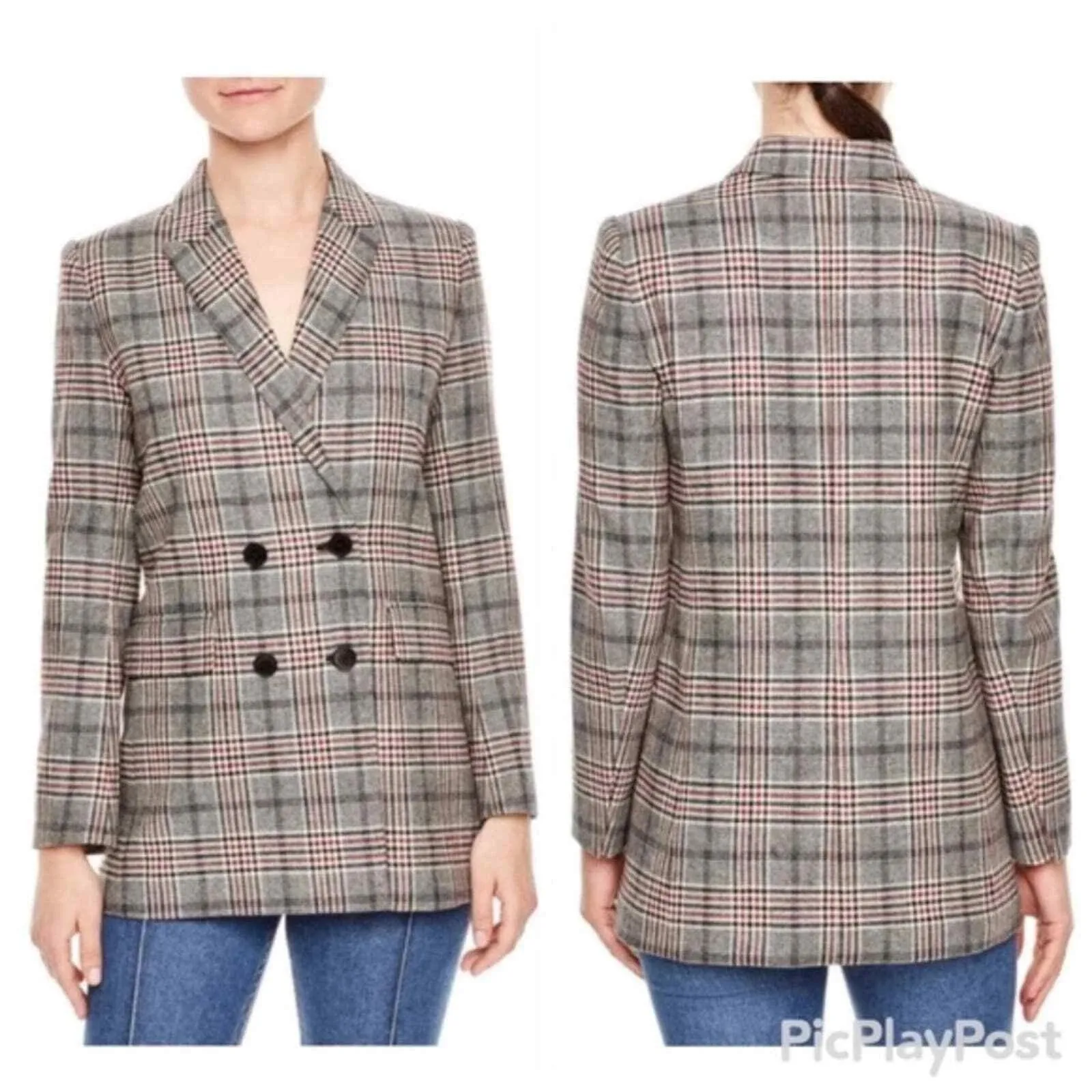 NWT Sandro Paris Lauryn Plaid Wool Blazer Women 36 Double Breasted‎ Designer Lux - Image 2