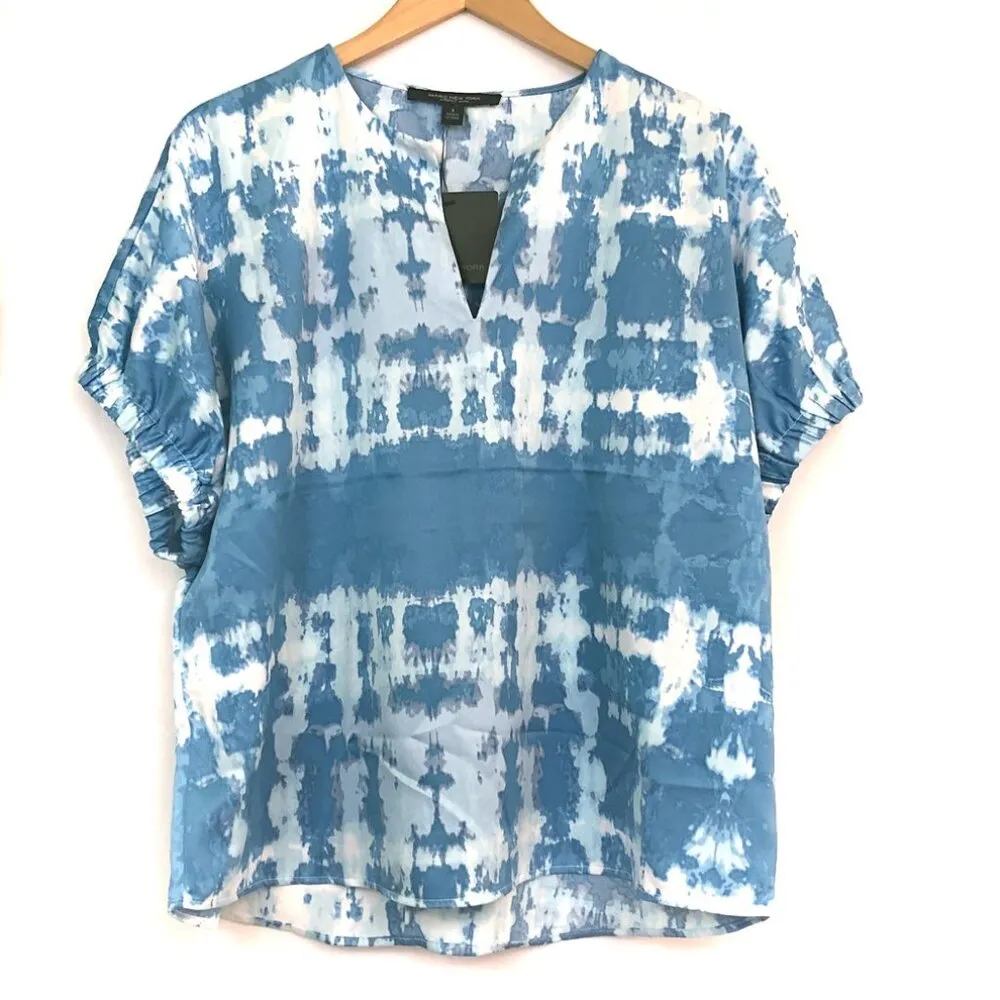 NEW MARC NEW YORK Blue White Tie Dye V-Neck Blouse Top Short Elbow Sleeve Small - Image 2
