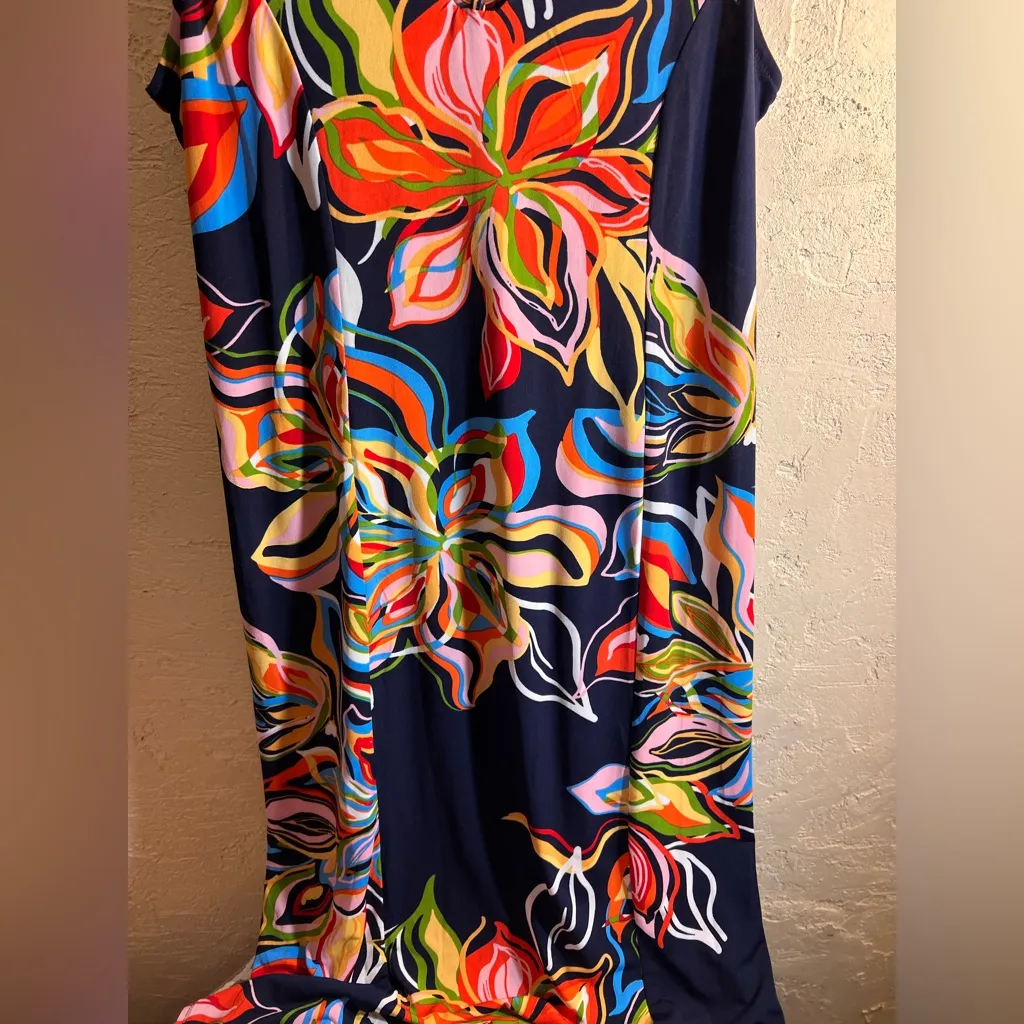 MSK Navy Floral Maxi Dress M tropical floral resort wear gold accents maximalist Orange Size M - Image 6