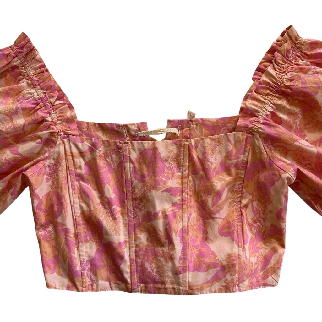 Karlie Floral Poplin Puff Sleeve Tie Back Corset Off Shoulder Crop Top Size L - Image 6