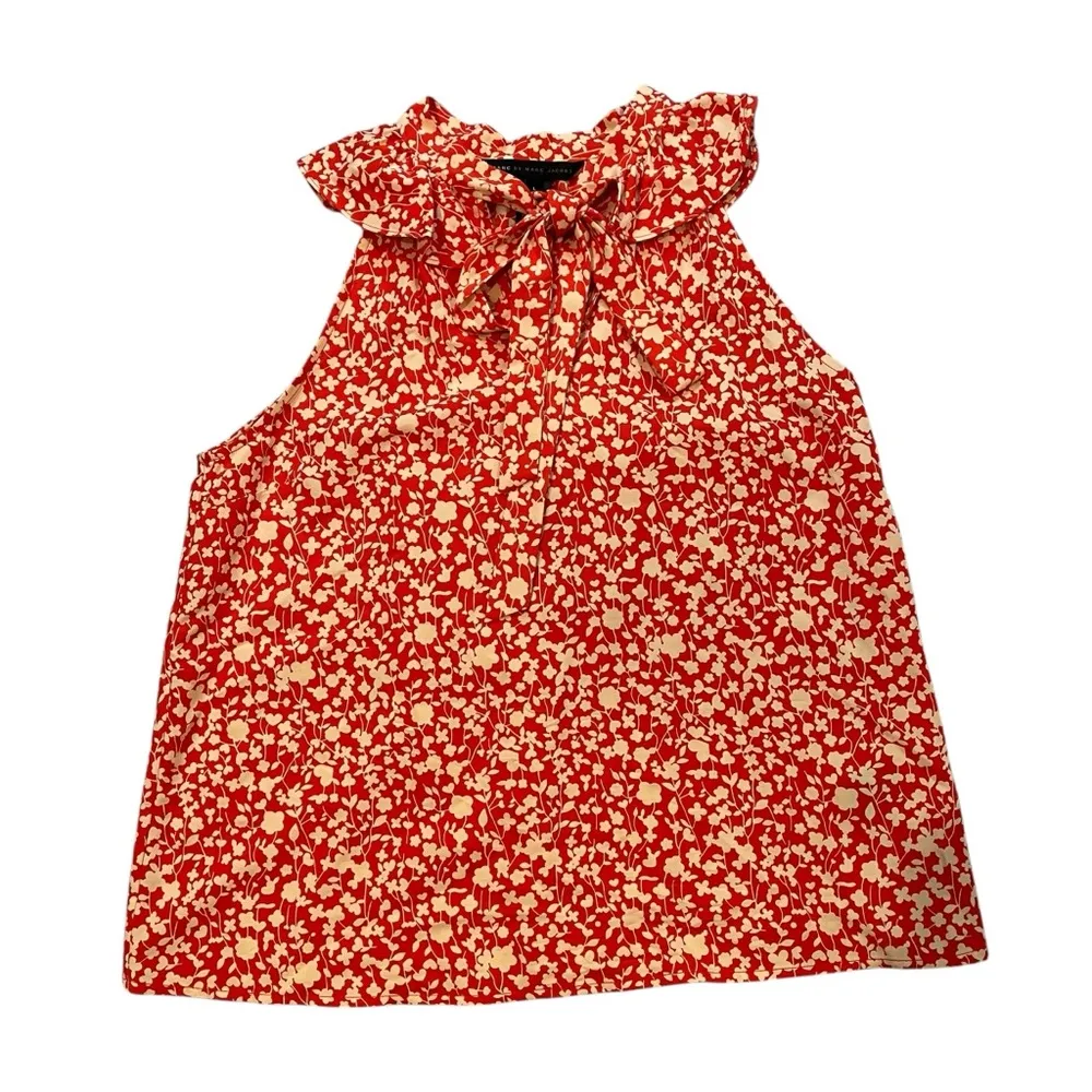 Marc By Marc Jacobs Ruffle Collar Cotton Silk Red Cream Floral Print Blouse,Sz L - Image 11