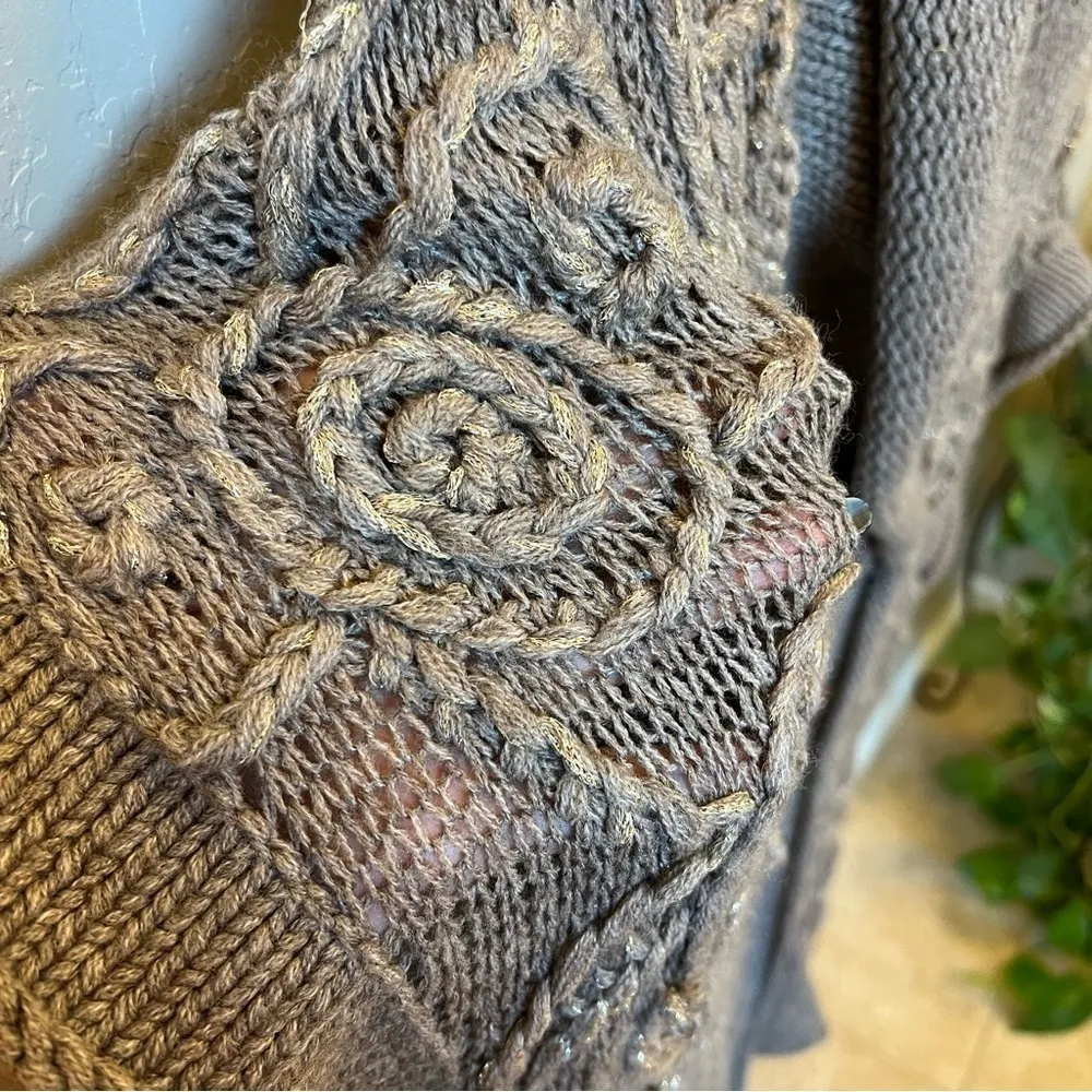 Tribal Lagenlook double breasted buttondown poncho cardigan, chunky knit OS Tan Size undefined - Image 6