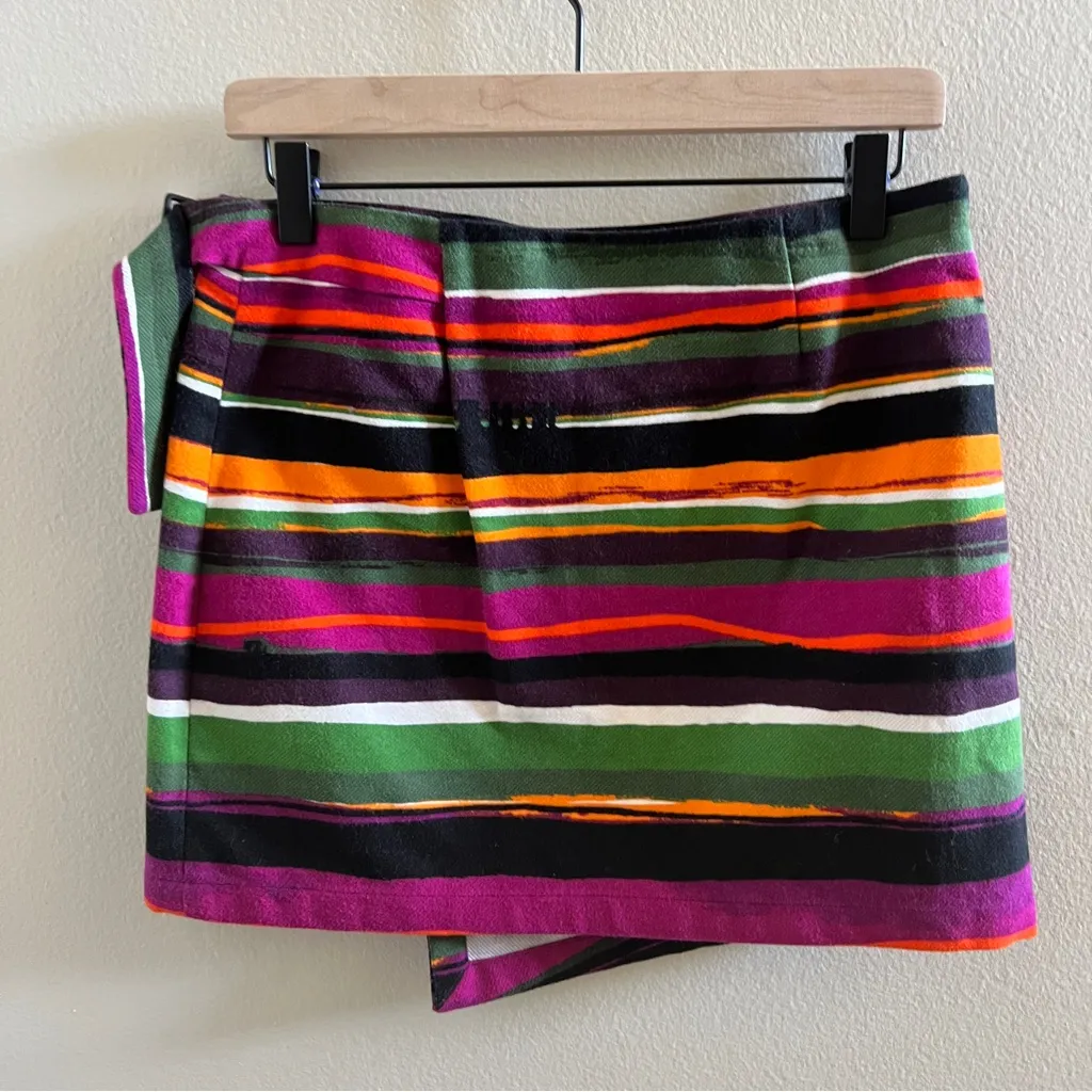 Kate Spade SATURDAY Buckle Over Mini Skirt Multicolor Striped Cotton Wrap Size 2 - Image 6