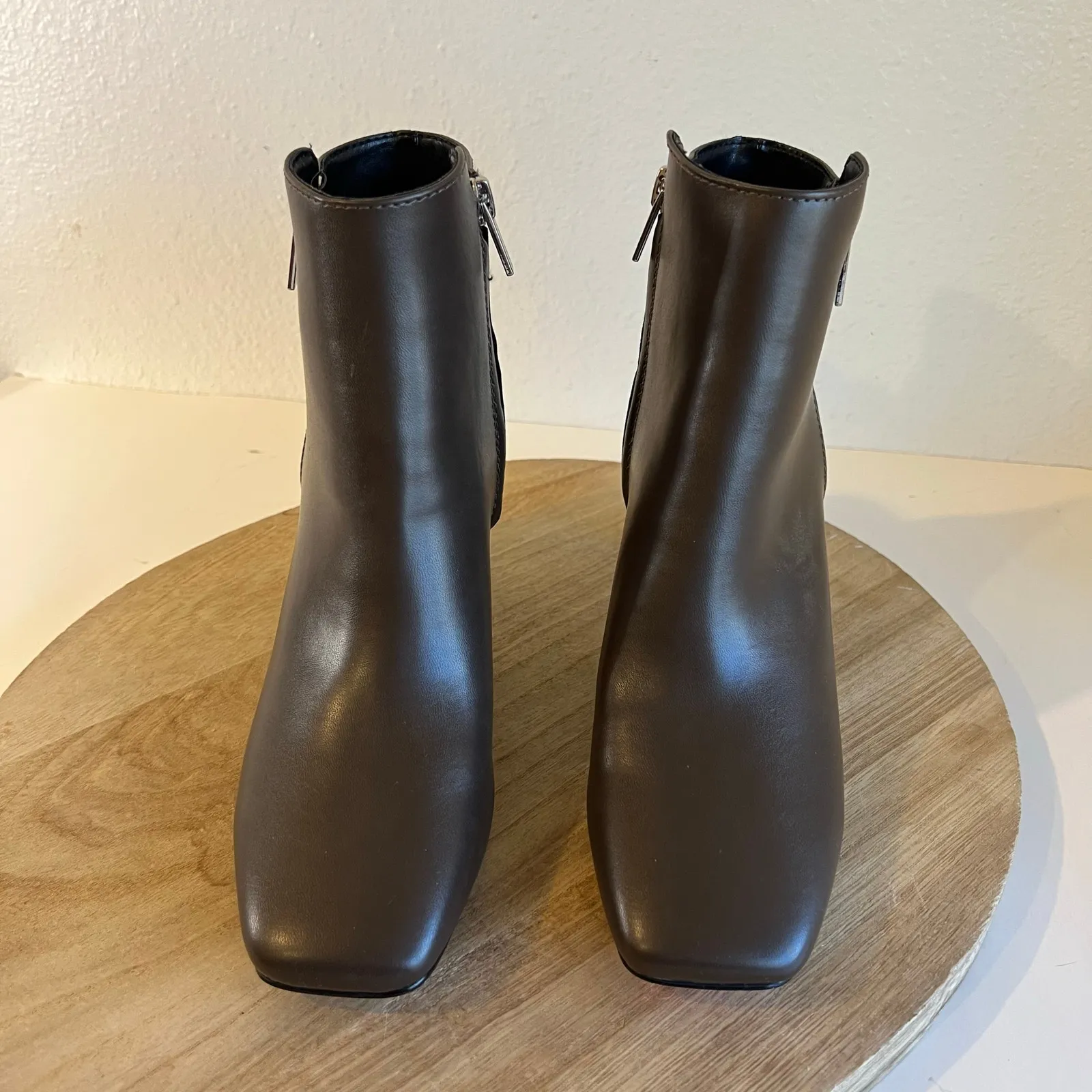 Calvin Klein  Chocolate Brown Leather Square Toe Zipper Ankle Boot Size 6.5 - Image 10