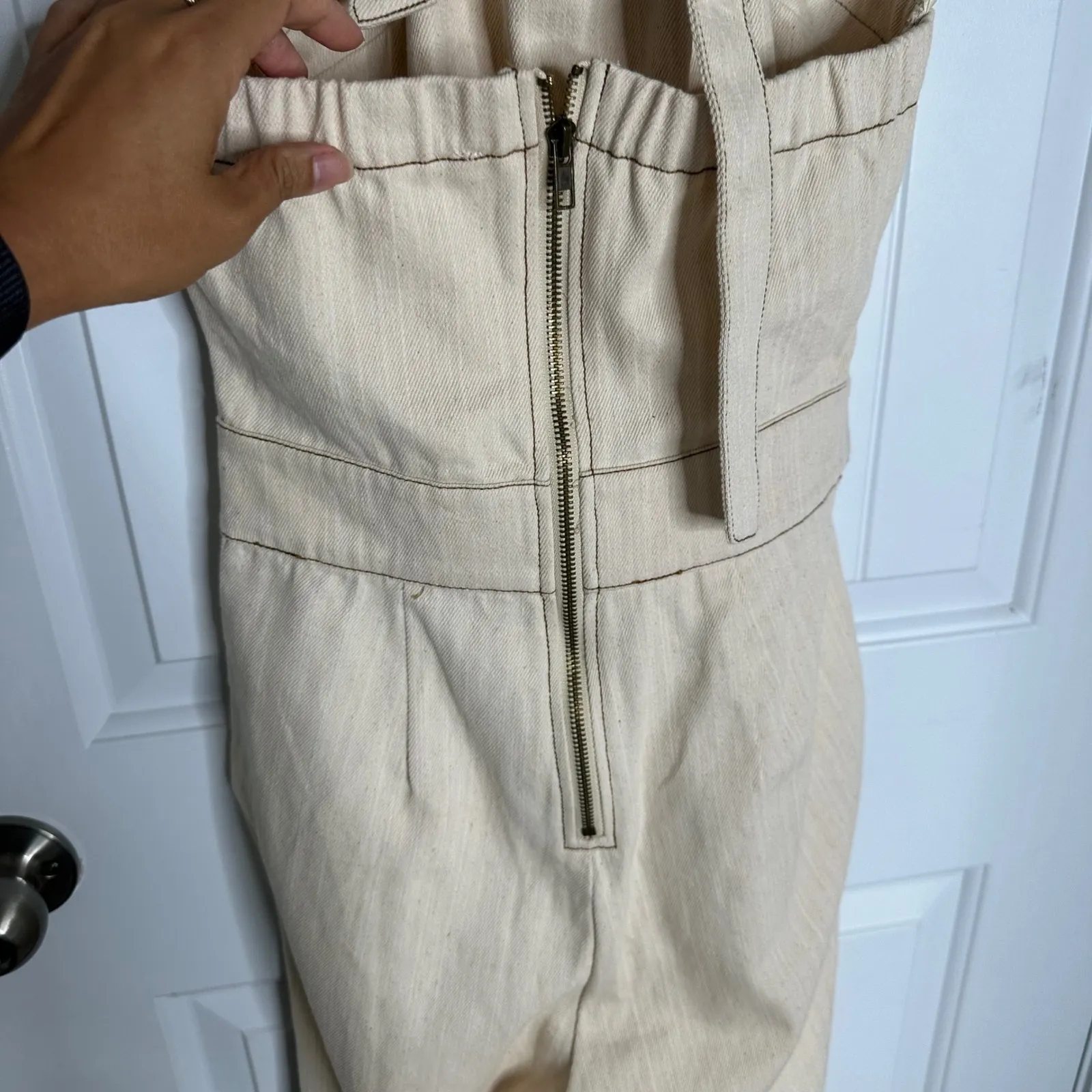 Anthropologie Moon River cream denim belted halter wide leg jumpsuit small chic‎ - Image 9