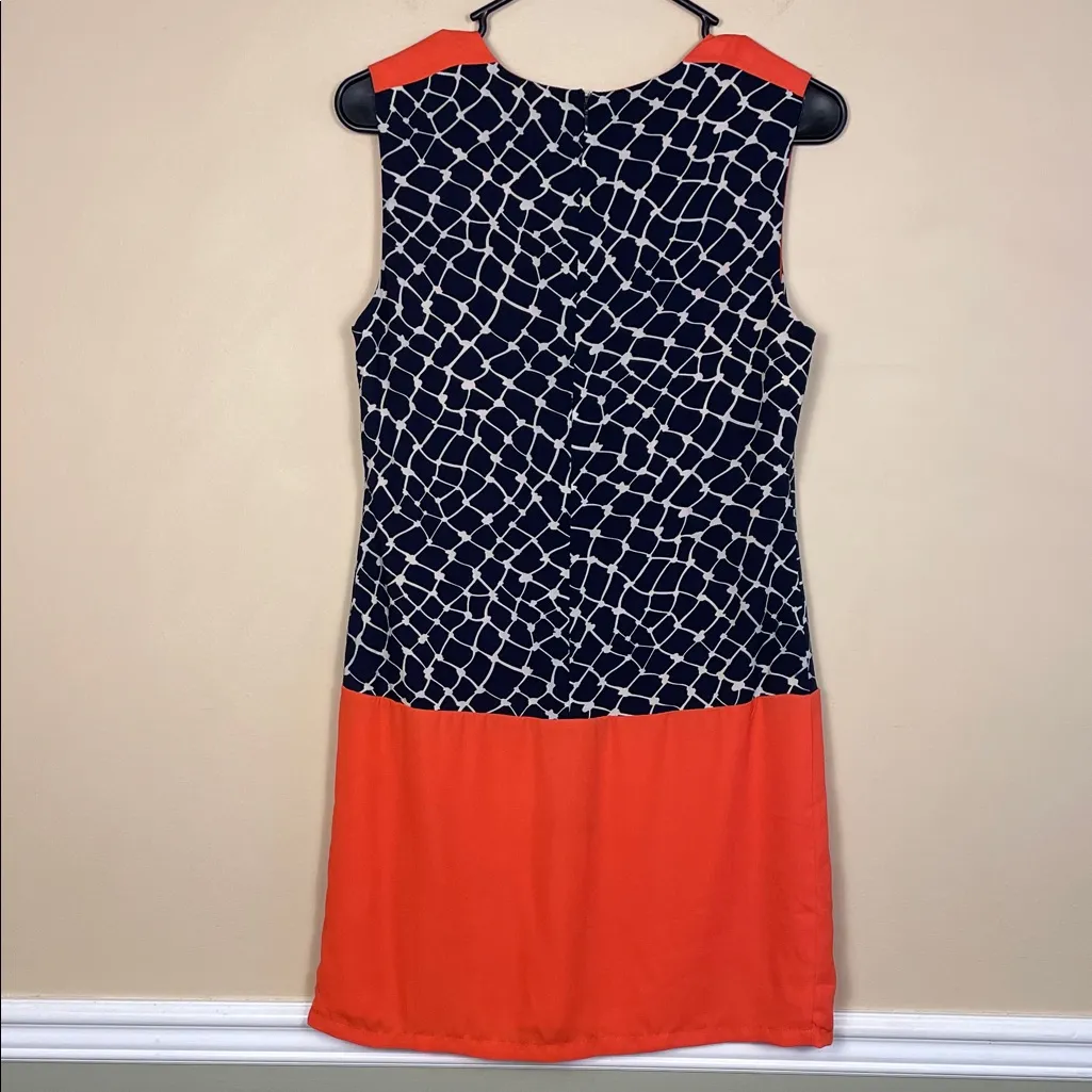 THML Women’s Patterned Navy Blue White Orange Sleeveless Chic Office Work Dress - Image 4