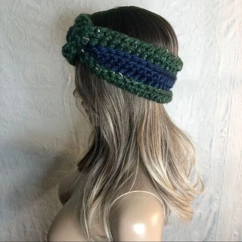 Wool Green and Navy Crochet Twist Ear Warmer Headband - Image 2