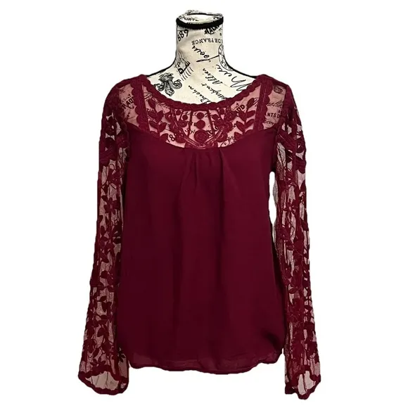 Vtg Y2k Retro Xhilaration Burgundy Lace Tunic Blouse Dark Coquette Preppy Boho L - Image 2
