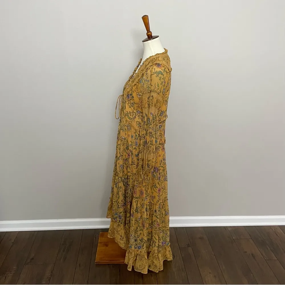 Free People Dress Cassis Midi Maxi Floral Lace Tiered Lined Boho Mustard Yellow - Image 9