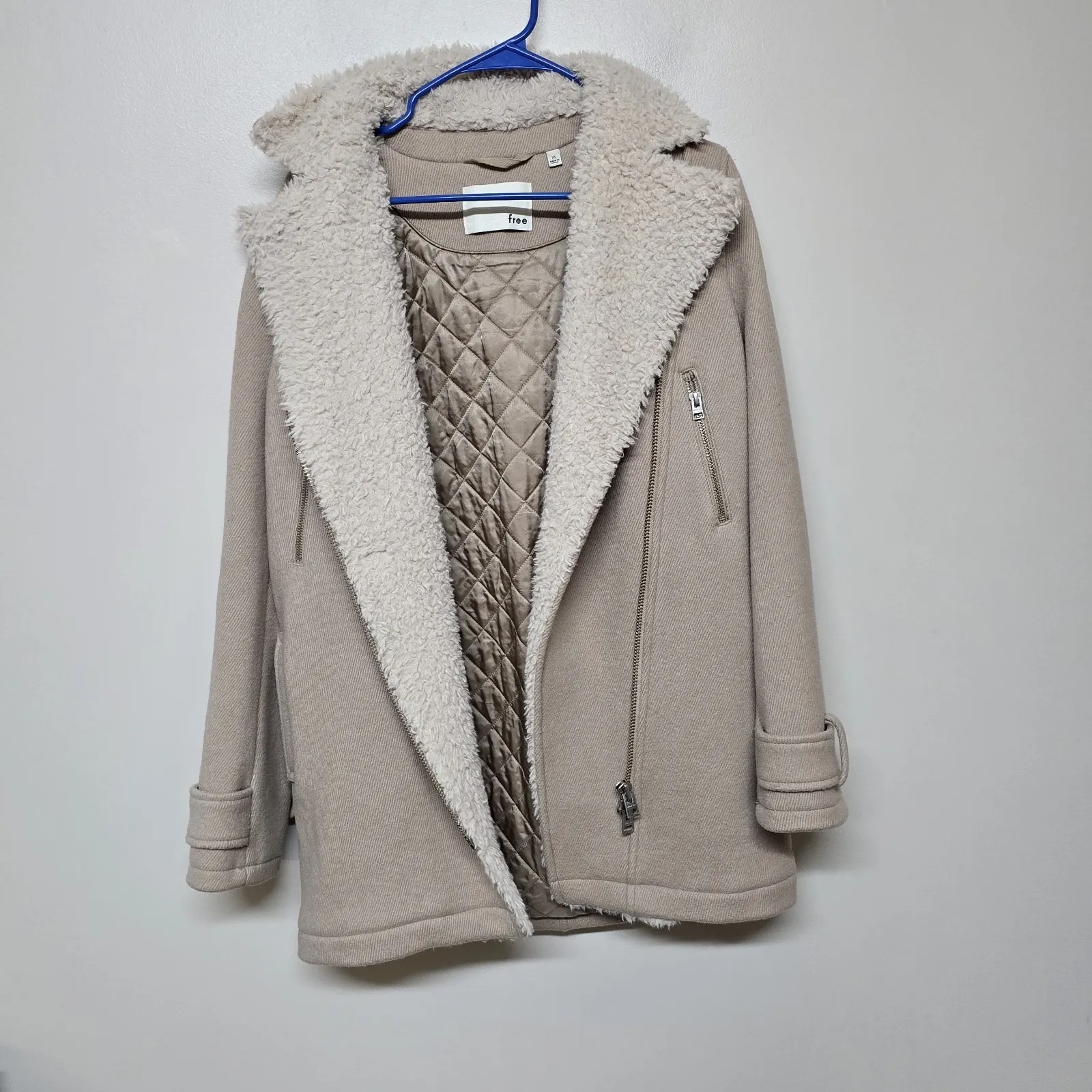 Wilfred Free Aritzia Shearling Lined Wool Coat XS Beige Zip Jacket Menchi Fabric - Image 4