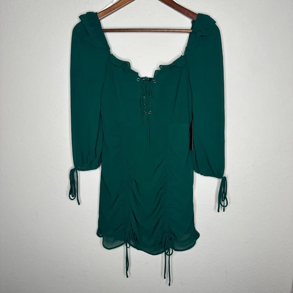 NWT Lulus It Happened in Dublin Forest Green Ruched‎ Lace-up mini dress Sz XS - Image 11