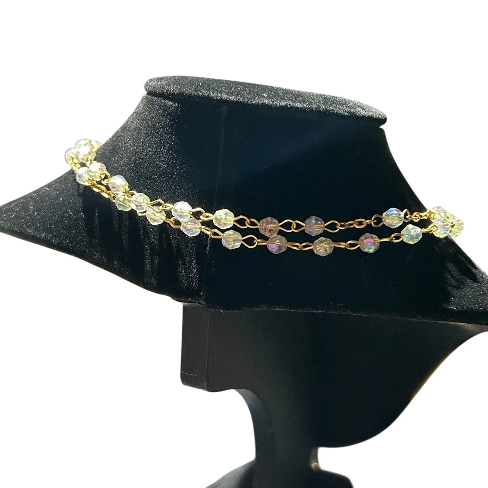 Vintage 19.5" Aurora Borealis Beaded Gold Tone Christianity Rosary Necklace - Image 6