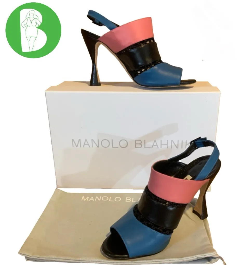 MANOLO BLAHNIK "ASPENDUM" BLACK, BLUE & PINK LEATHER W/MESH HEELS (36.5) - Image 2